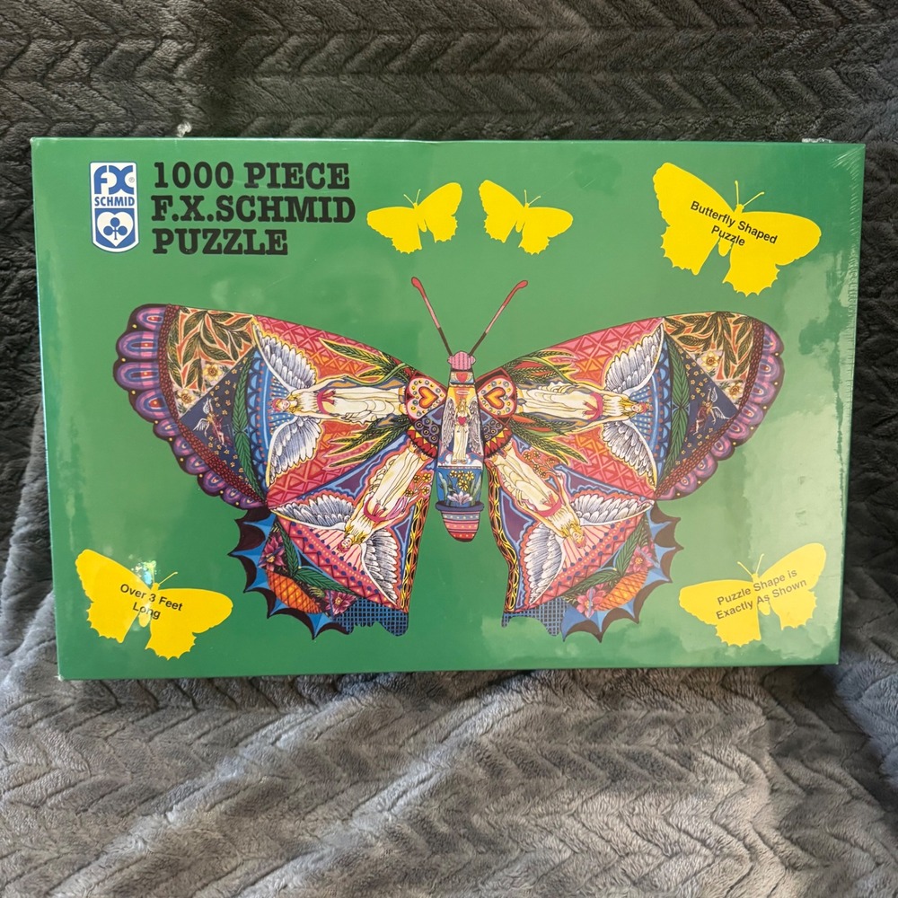 Vintage F.X. Schmid Jigsaw Puzzle 1000pc Green Angel Butterfly Shaped 1997 90168